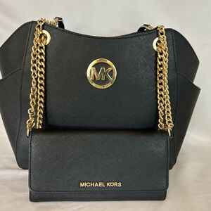 Michael Kors Jet Set Black Saffiano Leather Crossbody + Wallet Bundle